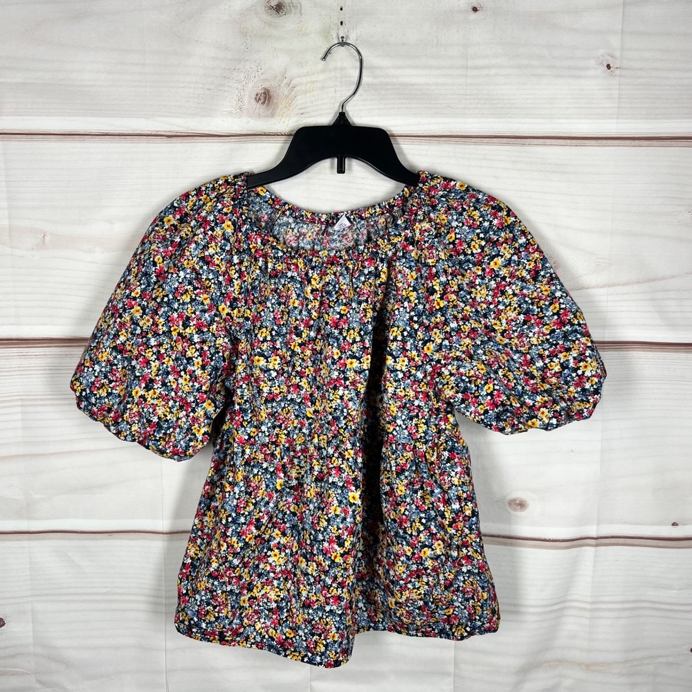 Old Navy Top Womens Small Blue Floral Blouse Cotton Puff Sleeve Elastic Neck